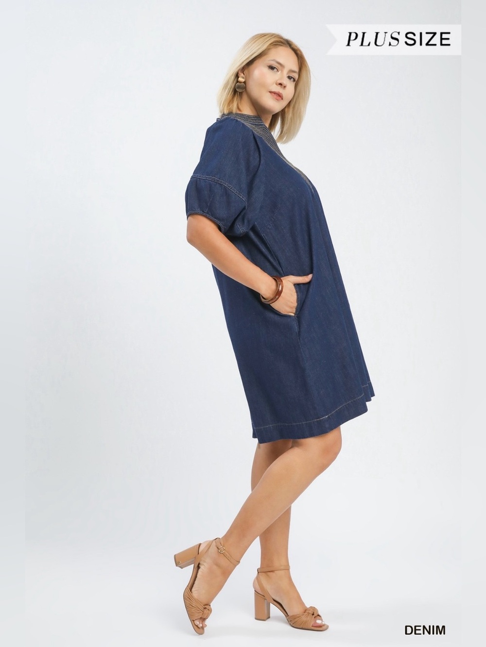 New!Umgee Plus Size Denim Pocket Puff Sleeve Contrast Mini Dress Size 1X - Picture 3 of 8